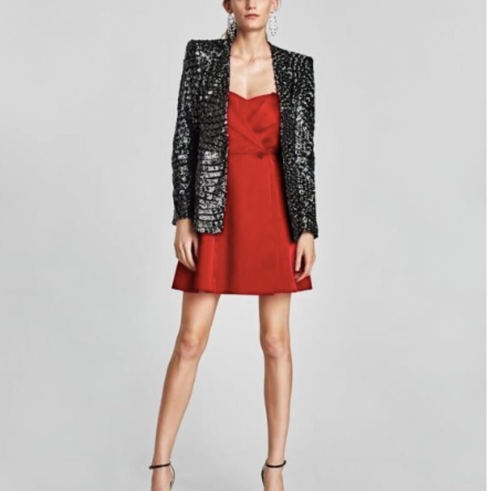 Zara Red Satin Dress With Exposed Shoulder
